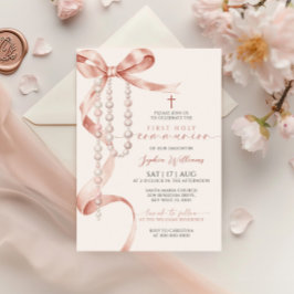 Elegant Mocha Bow & Rosary First Heliga Communion Inbjudningar