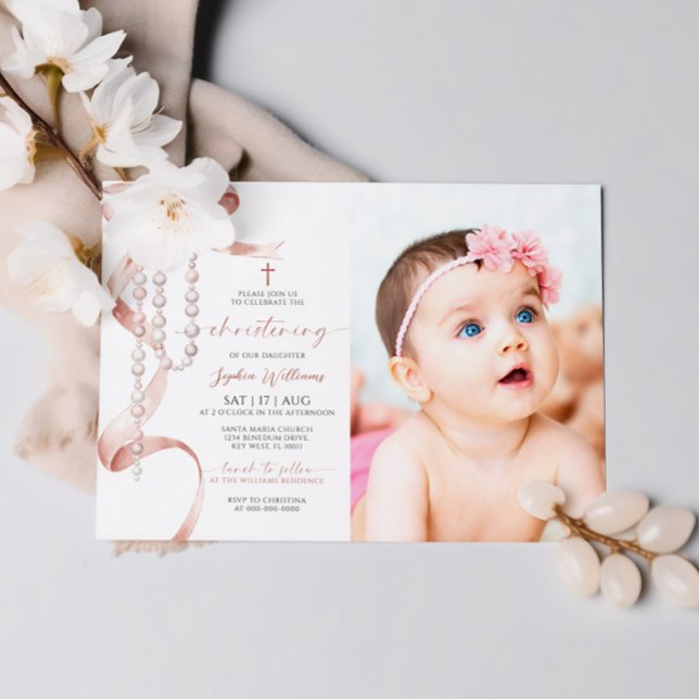 Elegant Mocha Bow & Rosary Photo Christening Inbjudningar (Skapare uppladdad)
