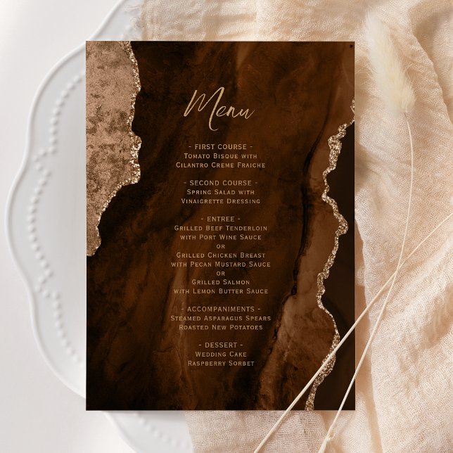 Elegant Mocha Brown Gold Agate Wedding Menu Meny (Skapare uppladdad)