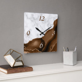 Elegant Mocha Brun Agat Guld Glitter Marmor Fyrkantig Klocka