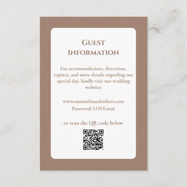 Elegant Mocha Floral Line Art QR Code Wedding Tilläggskort (Framsida)