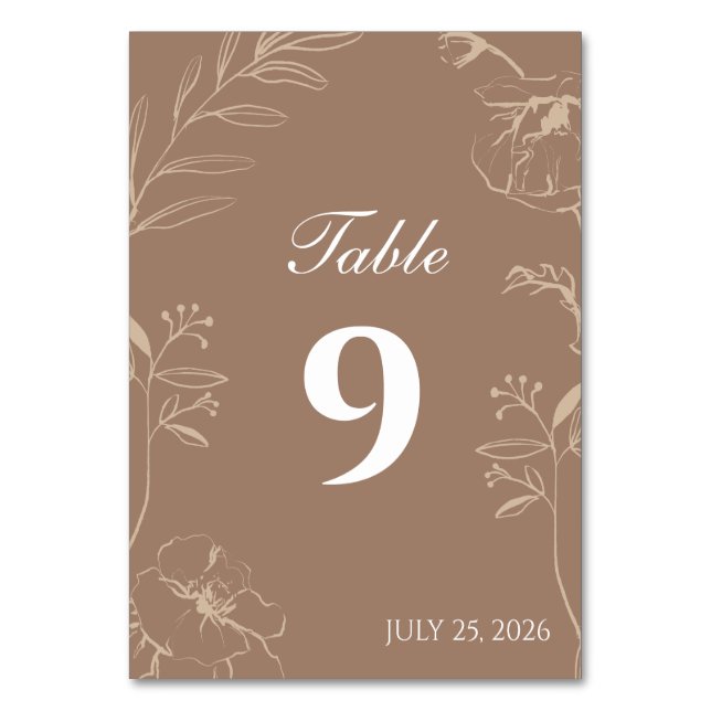 Elegant Mocha Floral Line Art Wedding Bordsnummer (Framsidan)