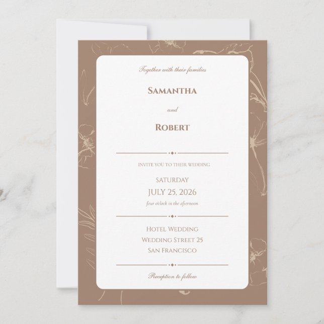 Elegant Mocha Floral Line Art Wedding Inbjudningar (Framsida)