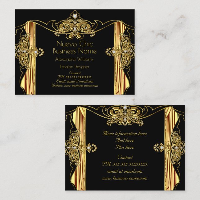 Elegant Mode Designer Guld Svarta Drapningar Visitkort (Fram/baksida)