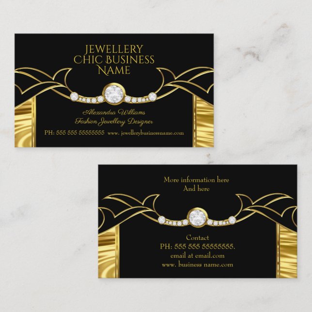 Elegant mode smyckesdesigner guld och svart visitkort (Fram/baksida)
