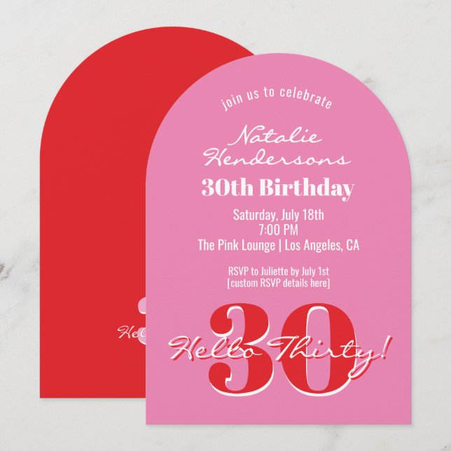 Elegant Modern 30th Birthday Pink Red Typography Inbjudningar (Fram/baksida)