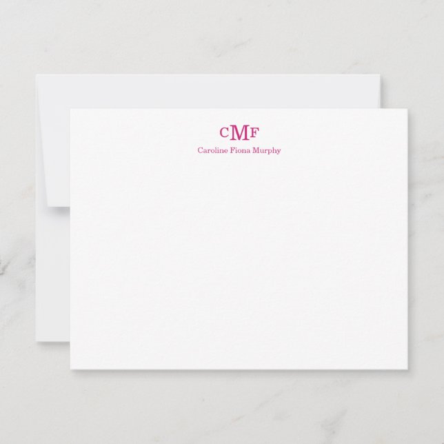 Elegant Modern 3 Monogram Magenta Rosa Rand Anteckningskort (Framsida)