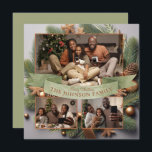 Elegant Modern 3 Photo Family jul Evergreen Julkort<br><div class="desc">Ett modernt pektivkort för helgrön julhälsning i helgdag 3-fotfamiljen med boho rustic evergreen boughs and ornaments,  i sött ljus terracotta och grönt hues. Rustik modern vibe. Ersätt platshållarfoton med egna helgdag. Anpassa med dina foton och skriv ut dem som en digital nedladdning,  eller både och!</div>
