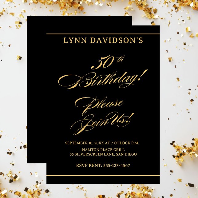 Elegant Modern 50:e födelsedag Guld Black Inbjudningar (Elegant Modern 50th Birthday Gold Black Invitation)