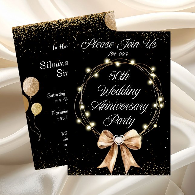 Elegant Modern 50th Anniversary Party Gold Black  Inbjudningar (Elegant Modern 50th Anniversary Party Gold Black Invitation)