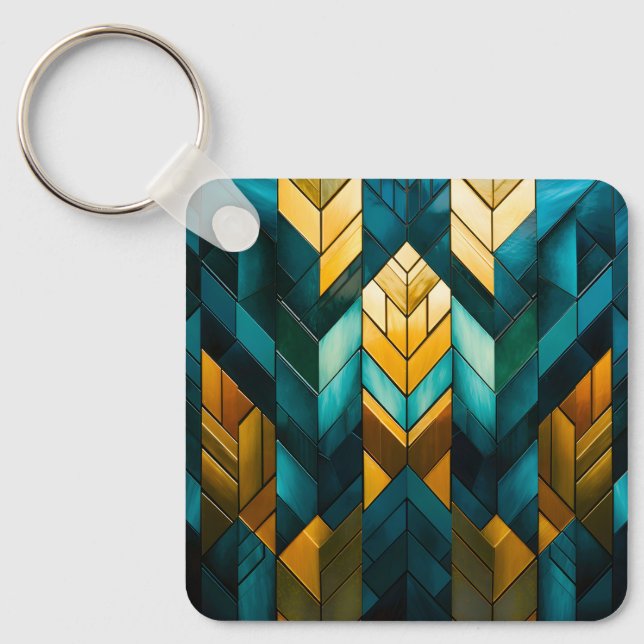 Elegant Modern Abstract Gold Teal Geometric Nyckelring (Framsida)