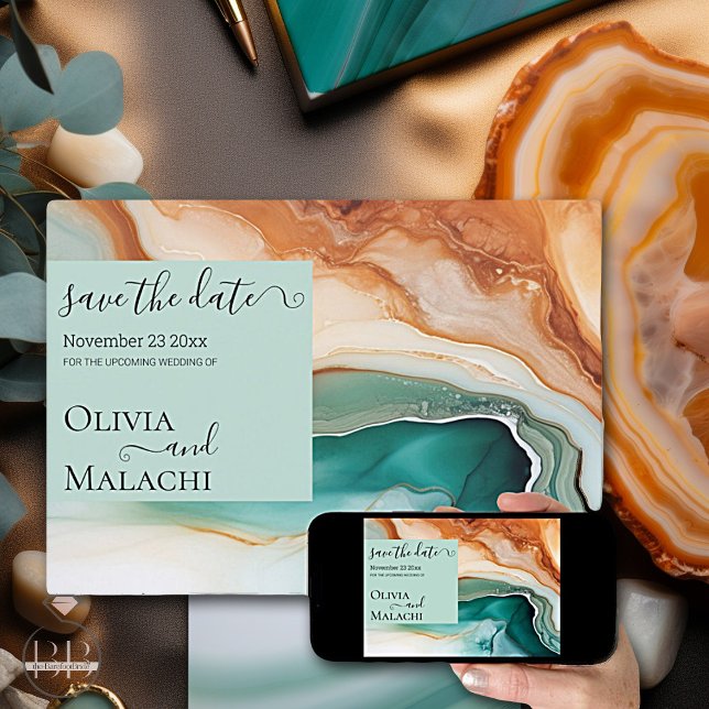 Elegant Modern Abstrakt Agate Teal Terracotta Inbjudningar (Get this save the date as Printed and digital )