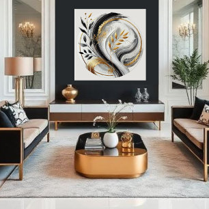 Elegant Modern Abstrakt-Black White och Guld-Black Canvastryck