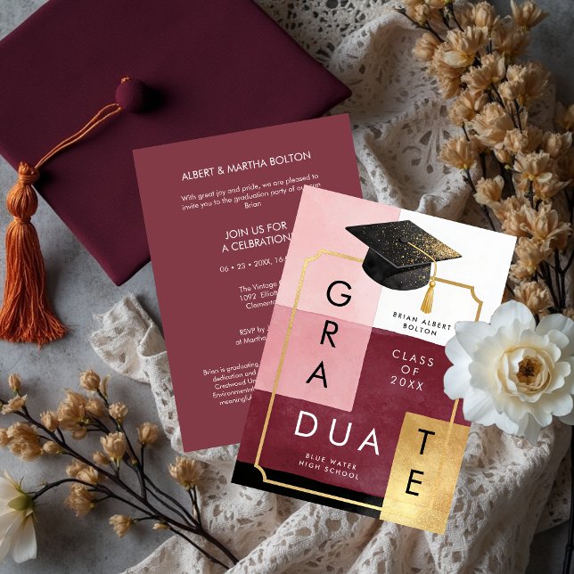 Elegant Modern Abstrakt Examen Keps Fest Inbjudningar (Modern Abstract Graduation Cap Invitation Design for Graduation Party. )