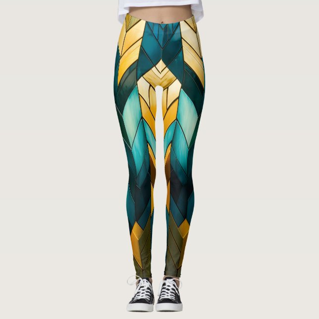 Elegant Modern Abstrakt Guld Teal Geometrisk Leggings (Framsida)