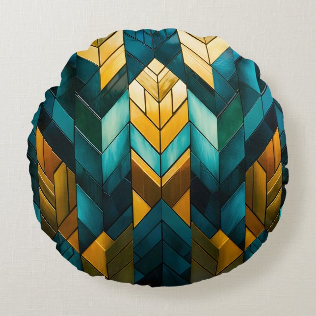 Elegant Modern Abstrakt Guld Teal Geometrisk Rund Kudde (Framsidan)