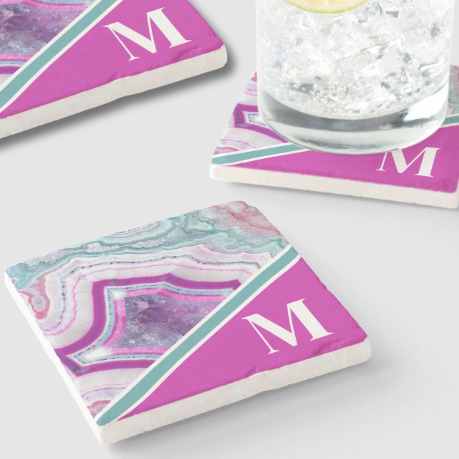 Elegant Modern Agat Initial Monogram Stenunderlägg (Chic Stylish Turquoise Pink Agate Initial Monogram Stone Coaster)