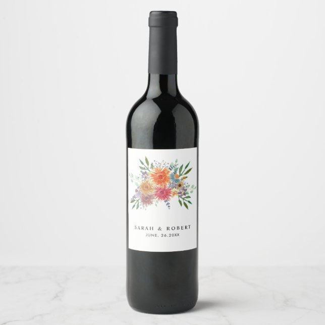 Elegant Modern Akvarell Blommig Rustik Bröllop Vinflaska Etikett (Framsida)
