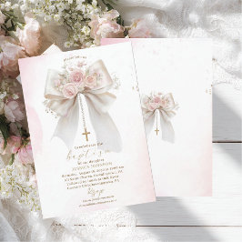 Elegant modern akvarell rosa båge dop kors inbjudningar