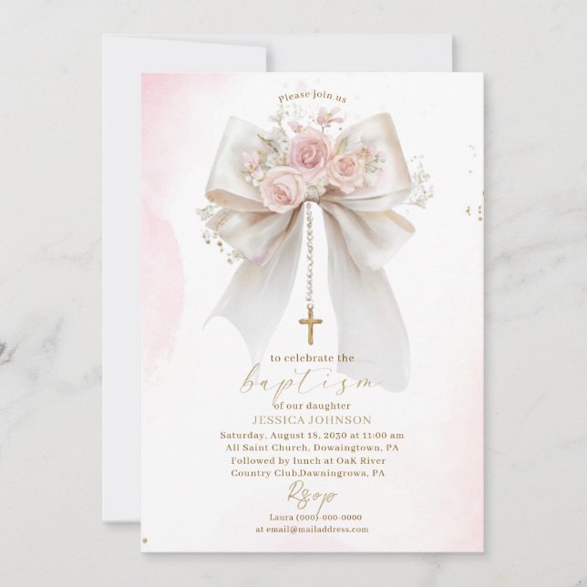 Elegant modern akvarell rosa slinga dopkors inbjudningar (Framsida)