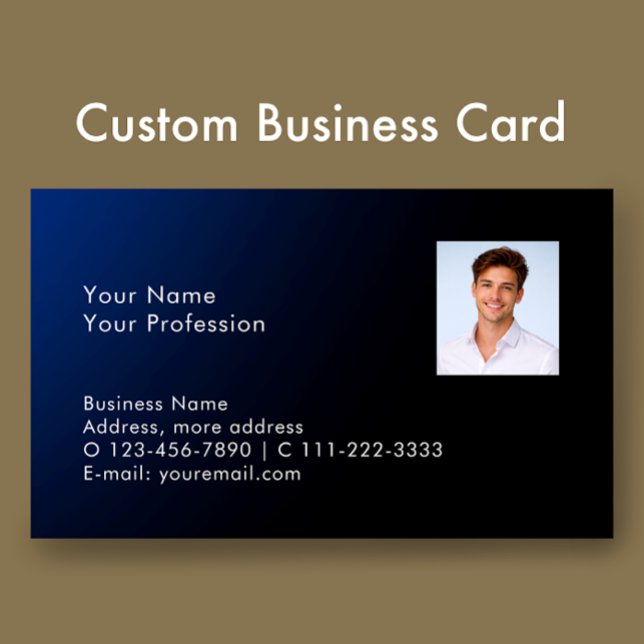 Elegant Modern Anpassad Foto QR-kod Blå Gradient Visitkort (Personalize all the modern text. Add your photo to classy blue gradient professional business card.)