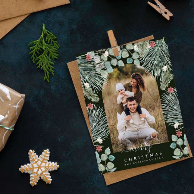 Elegant Modern Arch botaniska julfoto Invi Helg Vykort (Skapare uppladdad)