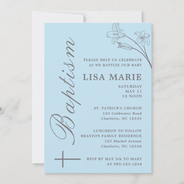 Elegant Modern Baby blue Baptism-inbjudan Inbjudningar (Framsida)