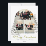 Elegant Modern Båge 3 Foto Collage Jul Julkort<br><div class="desc">Visa dina favoritminnen i denna eleganta 'God Jul' design med en trendig bågformad 3-foto collage inramad av handritade tallar. Den sofistikerade gyllene skrivstilstypografin och det personliga familjenamnet ger en premium,  tidlös touch till dina högtidlighälsningar.</div>