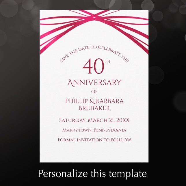 Elegant Modern Båge Ruby 40-årsjubileumskalas Spara Datumet (Personalize this save the date 40th wedding anniversary template for a custom invitation.
)