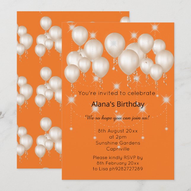 ELEGANT MODERN BALLOON BRIGHT ORANGE BIRTHDAY INBJUDNINGAR (Fram/baksida)