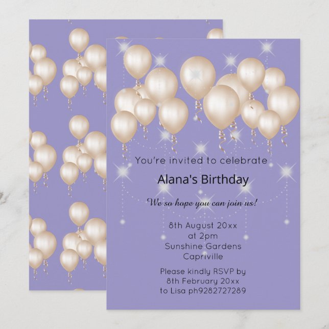 ELEGANT MODERN BALLOON LILAC LILA BIRTHDAY INBJUDNINGAR (Fram/baksida)
