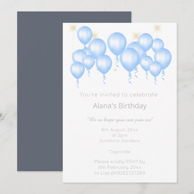 ELEGANT MODERN BALLOON NAVY BLUE BIRTHDAY INBJUDNINGAR (Fram/baksida)