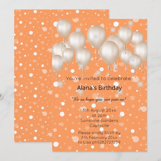 ELEGANT MODERN BALLOON ORANGE BIRTHDAY INBJUDNINGAR (Fram/baksida)