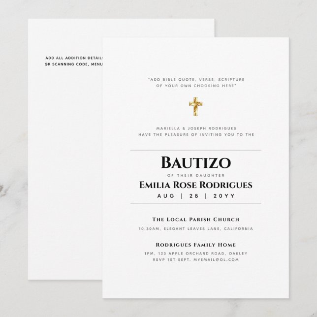 Elegant Modern BAUTIZO Bautismo Baptism - ADD VERS Inbjudningar (Fram/baksida)