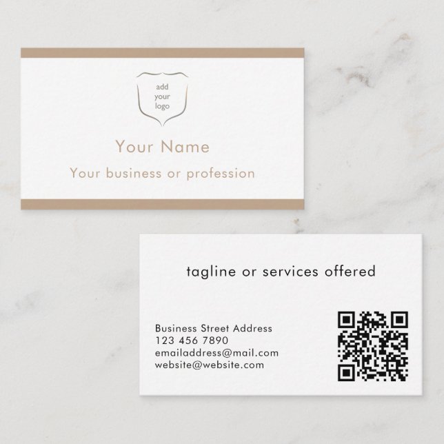 Elegant Modern Beige Logotyp QR-kod Professionell Visitkort (Fram/baksida)
