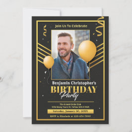 Elegant Modern Birthday Black Guld Photo Party Meddelande