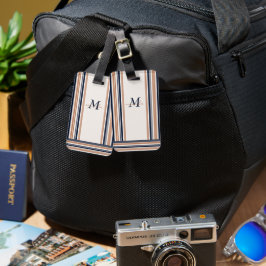 Elegant Modern Blå Guld Vit Ränder Monogram   Bagagebricka