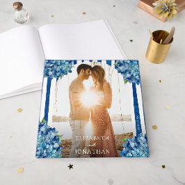 Elegant Modern Blå Hortensia Blommig Foto Bröllop Gästböcker