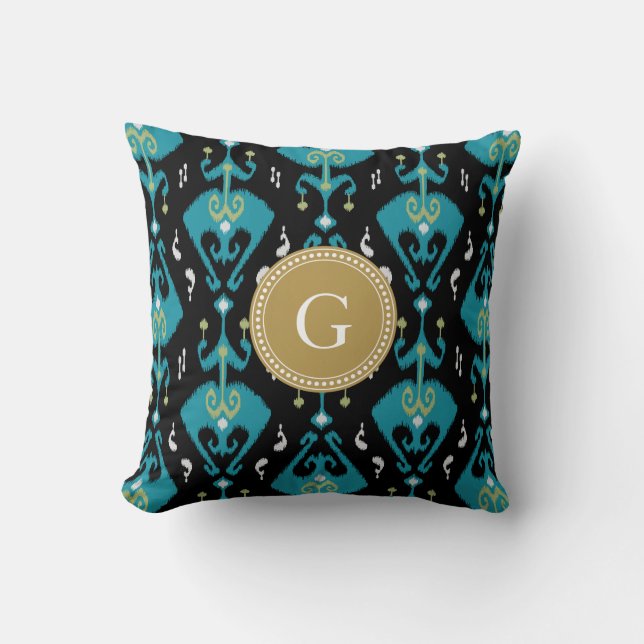 Elegant modern blå ikat tribal mönster monogram kudde (Framsida)