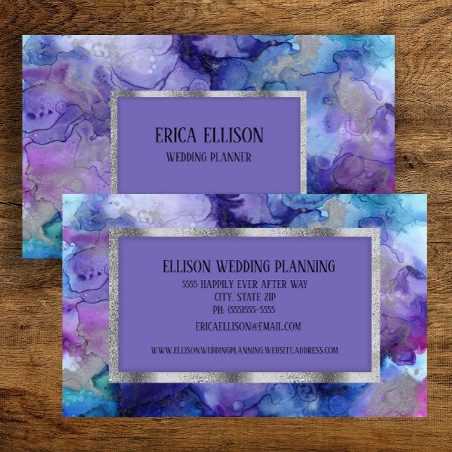 Elegant Modern Blå Lila Silver Bröllop Visitkort (Elegant blue and purple watercolor business card)