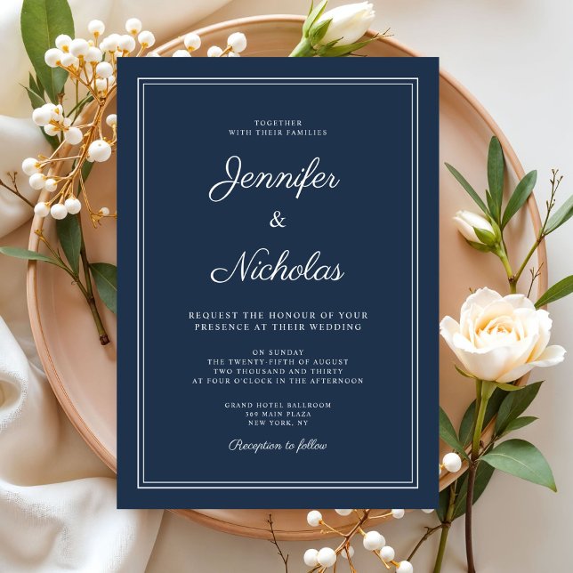 Elegant Modern Blå Modern Skrift Bröllop Inbjudningar (Elegant Modern Navy Blue Script Wedding Invitation)