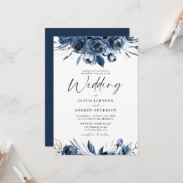 Elegant Modern Blå och Silver Blommig Bröllop Inbjudningar