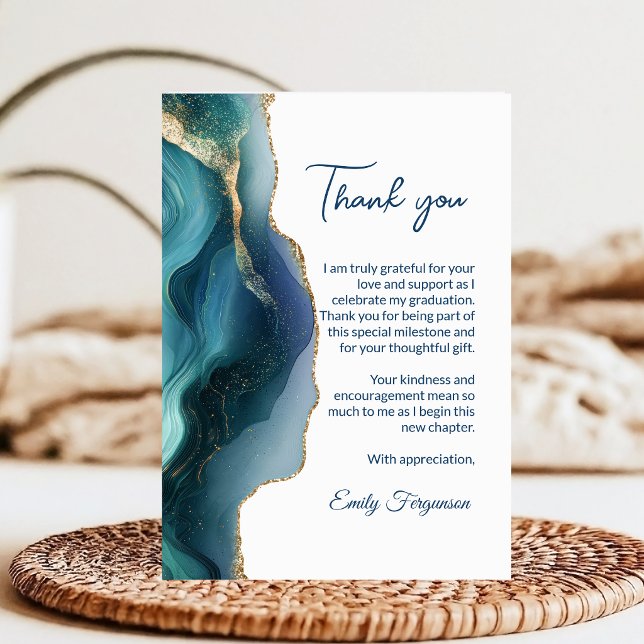 Elegant & Modern Blå Safir Agat Examen Tack Kort (Elegant Blue Sapphire Agate Graduation Thank you Card)