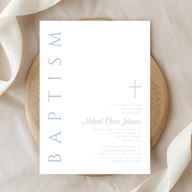 Elegant modern blå script kors pojke dop inbjudningar (Elegant Modern Blue Script Cross Boy Baptism Invitation)
