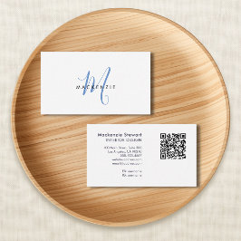 Elegant Modern Blå Skript Monogram QR-kod Visitkort