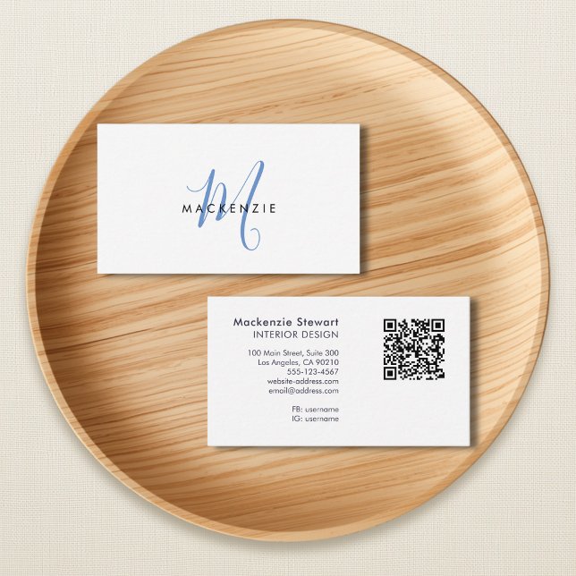 Elegant Modern Blå Skript Monogram QR-kod Visitkort (Skapare uppladdad)