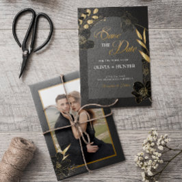 Elegant Modern Black and Guld Blommigt Photo Spara Datumet