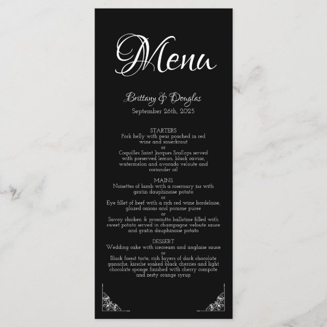 Elegant Modern Black and White Bröllop Menu Meny (Framsida)