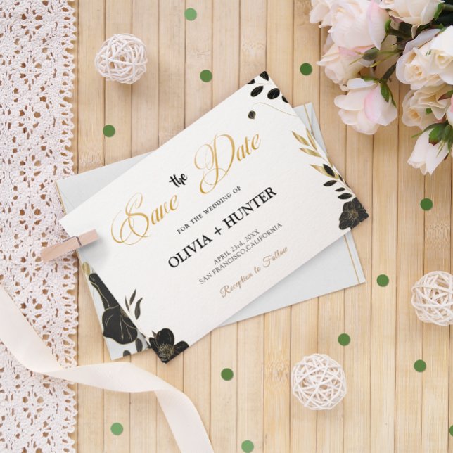 Elegant Modern Black and White, Guld Blommigt Spara Datumet (Elegant Modern Black and White, Gold Floral Save The Date)