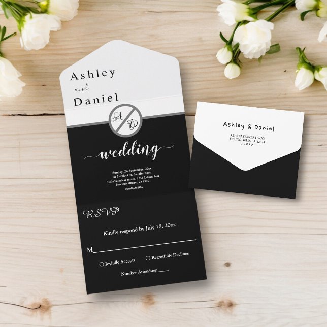 Elegant Modern Black and White Monogram Bröllop (Skapare uppladdad)